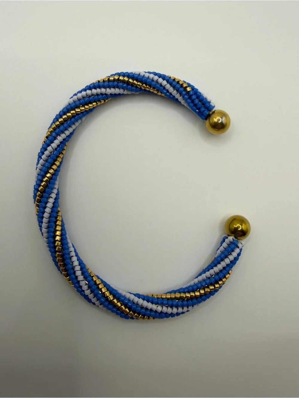 Twisted Beaded Open Cuff Bracelet - Blue, Light Blue & Gold